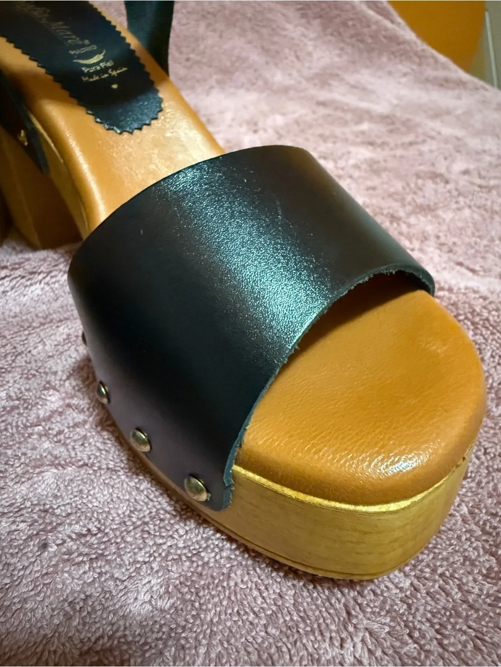 Black Platform Sandals with Wood-Look Block Heel